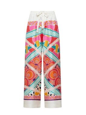 FRANCO FERRARI Italy Silk Wide-Leg Pop Print Pants $540 High Rise Women's Sz L